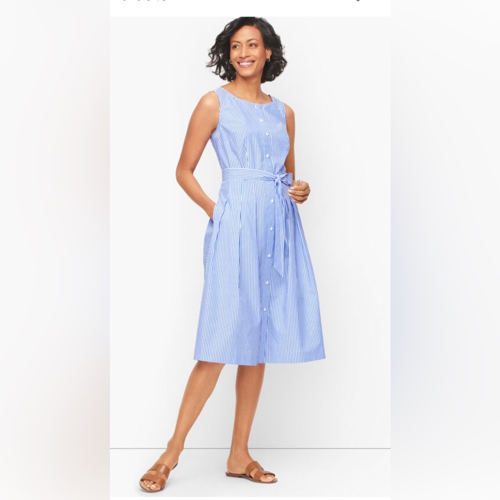Talbots Poplin Fit and flare Blue and White Breeze Stripe Midi Dress